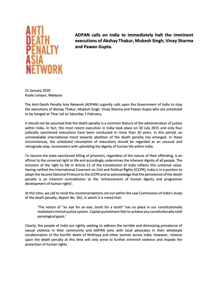 Adpan Calls on India to Immediately Halt the Imminent Executions of Akshay Thakur, Mukesh Singh, Vinay Sharma and Pawan Gupta.