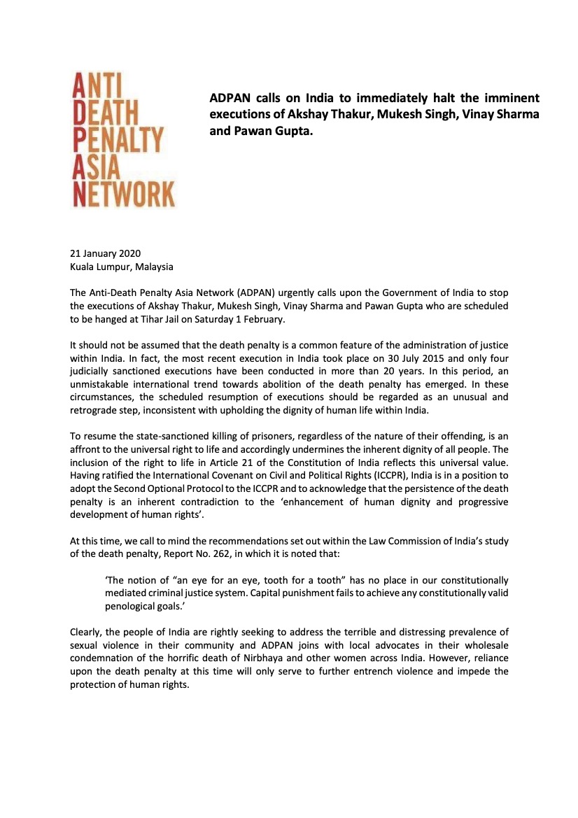 Adpan Calls on India to Immediately Halt the Imminent Executions of Akshay Thakur, Mukesh Singh, Vinay Sharma and Pawan Gupta.