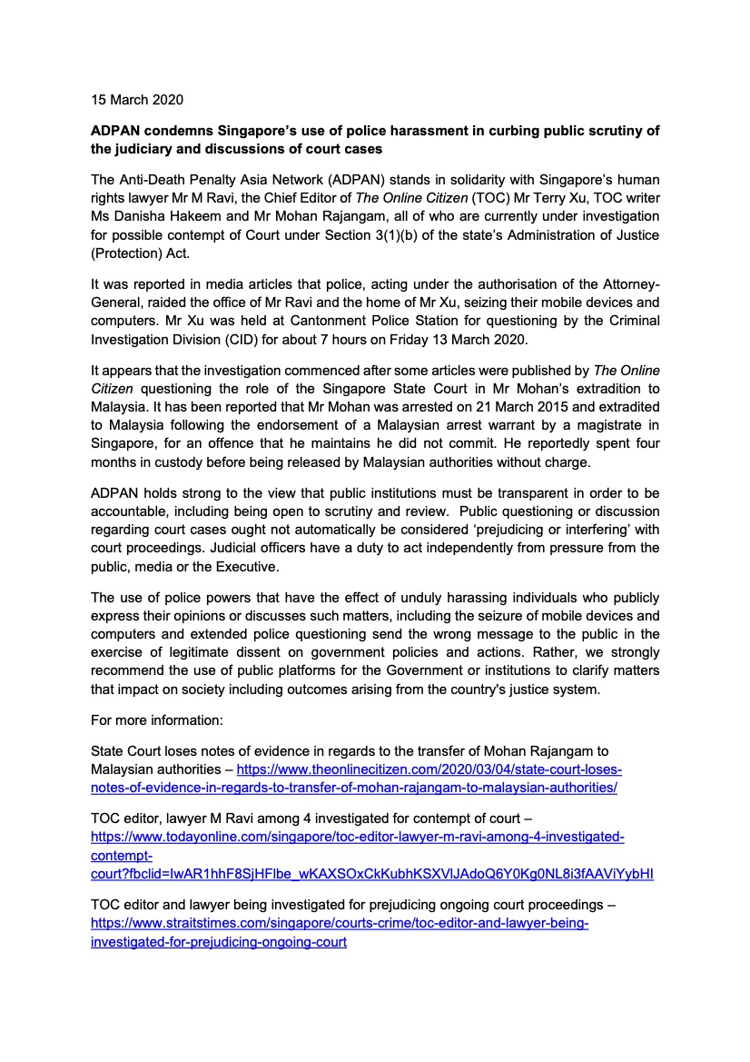 Adpan Condemns Singapore’s Use of Police Harassment in Curbing Public Scrutiny of the Judiciary and Discussions of Court Cases