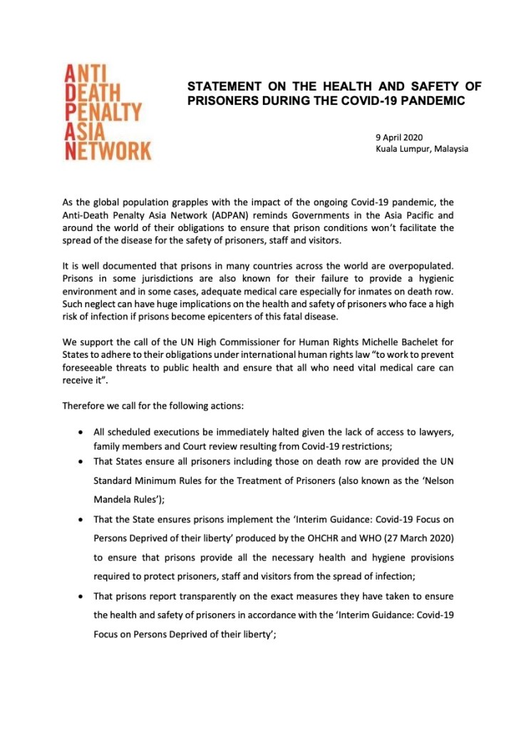 Statement on the Health and Safety of Prisoners During the COVID-19 Pandemic