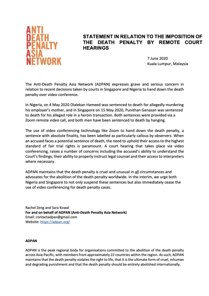 Statement in Relation to the Imposition of the Death Penalty by Remote Court Hearings