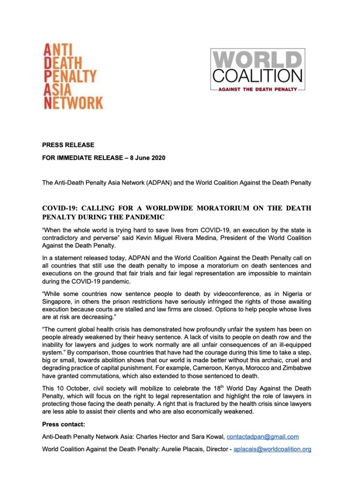 COVID-19: Calling for a Worldwide Moratorium on the Death Penalty During the Pandemic