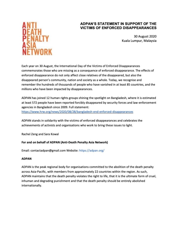 ADPAN’s statement in support of the victims of Enforced Disappearances