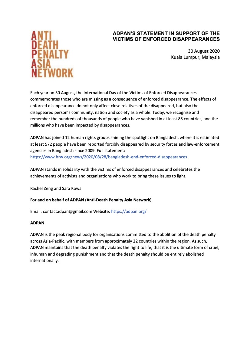 ADPAN’s statement in support of the victims of Enforced Disappearances
