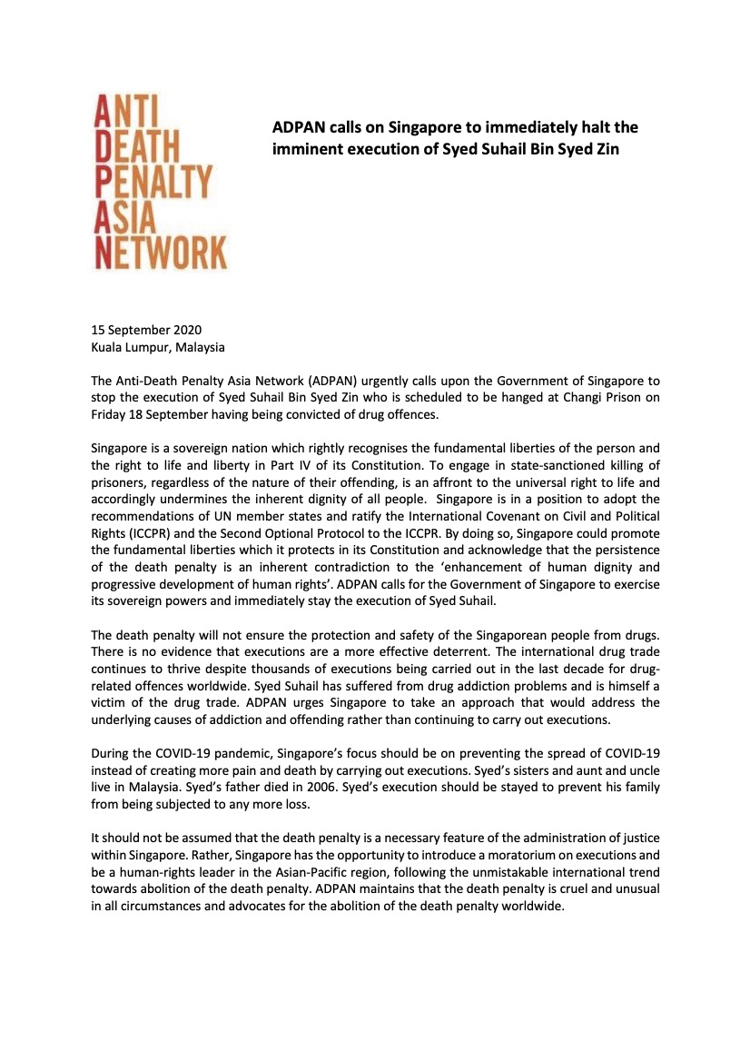 ADPAN Calls on Singapore to Immediately Halt the Imminent Execution of Syed Suhail Bin Syed Zin