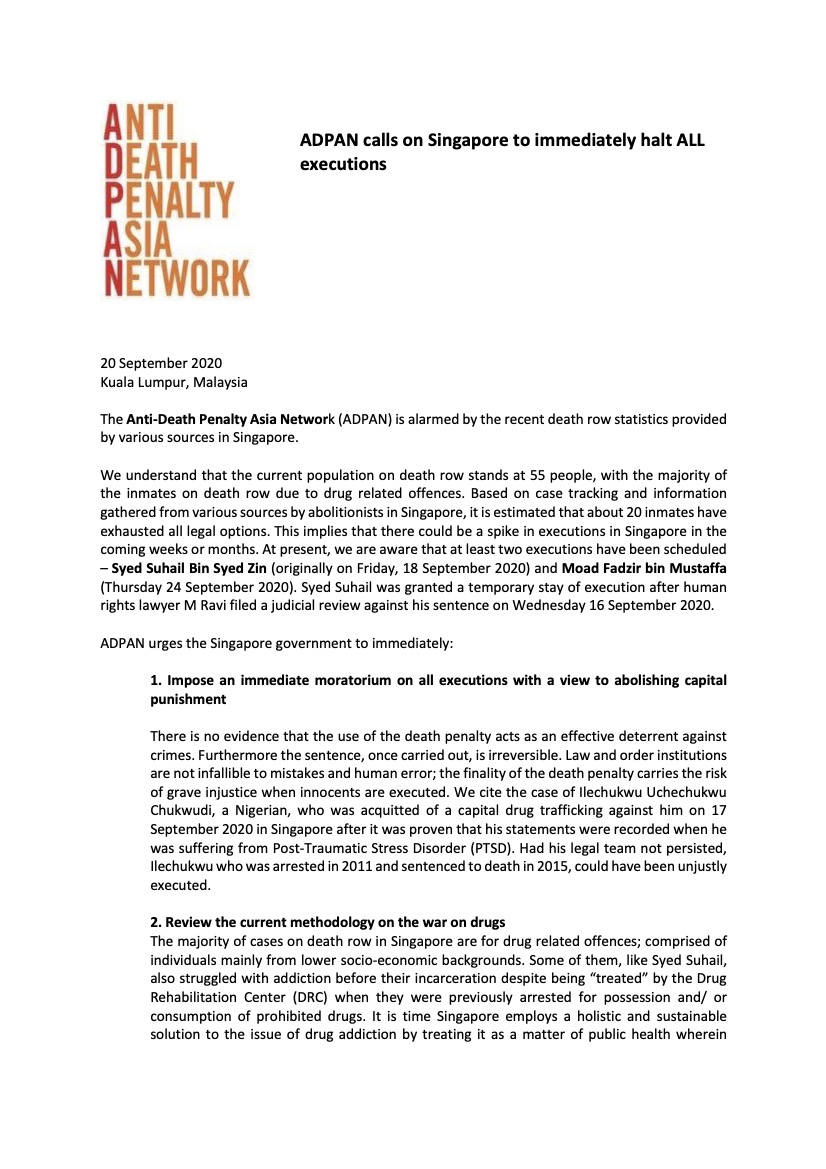 ADPAN calls on Singapore to immediately halt ALL executions