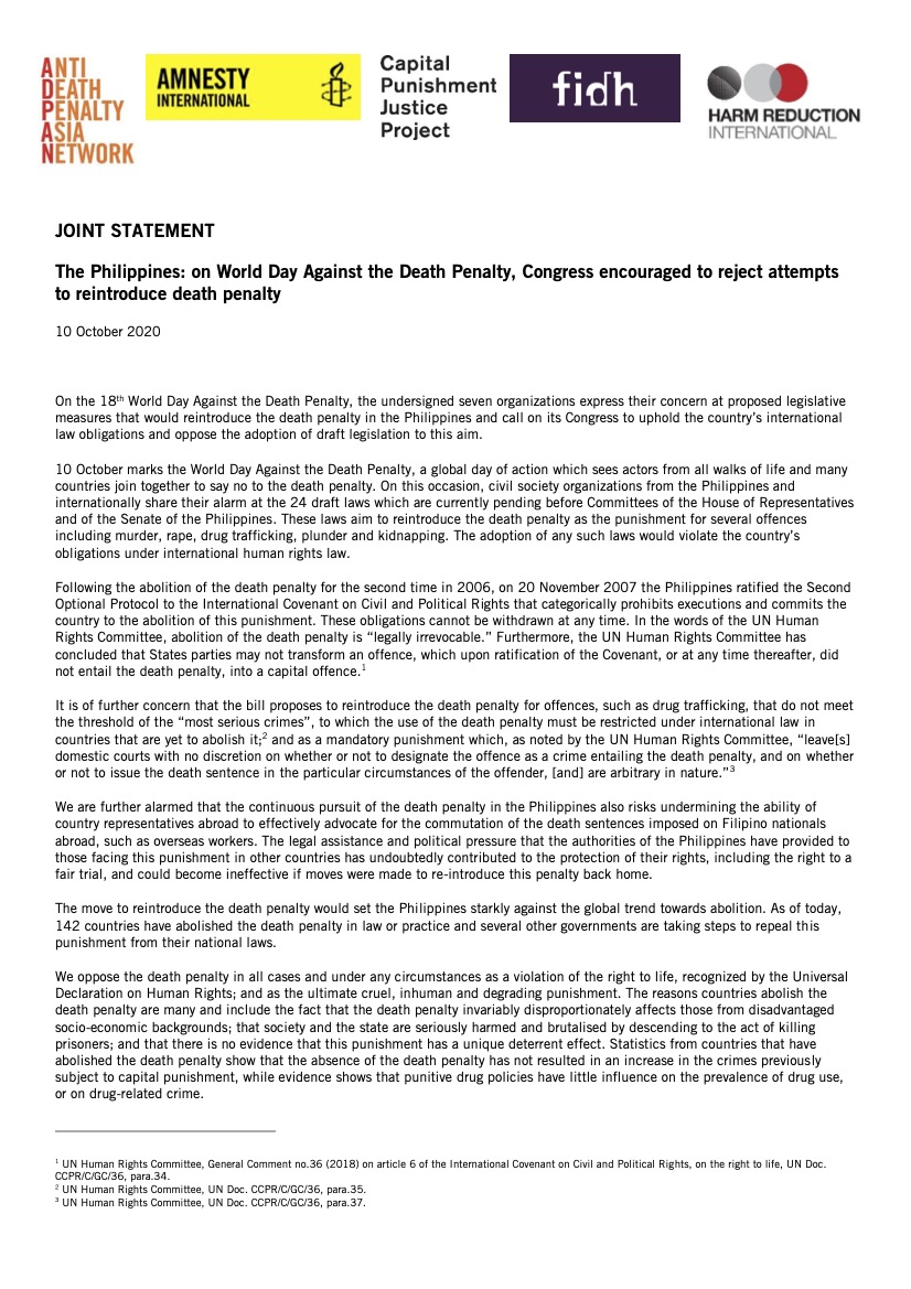 The Philippines: On World Day Against the Death Penalty, Congress Encouraged to Reject Attempts to Reintroduce Death Penalty
