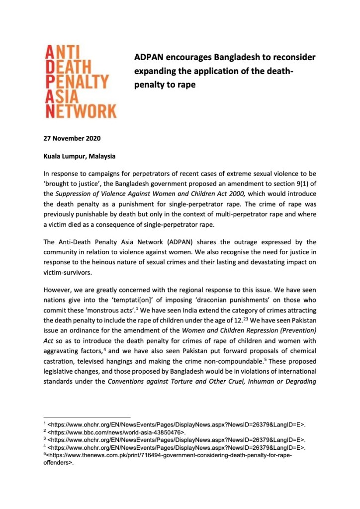 ADPAN encourages Bangladesh to reconsider expanding the application of the death penalty to rape