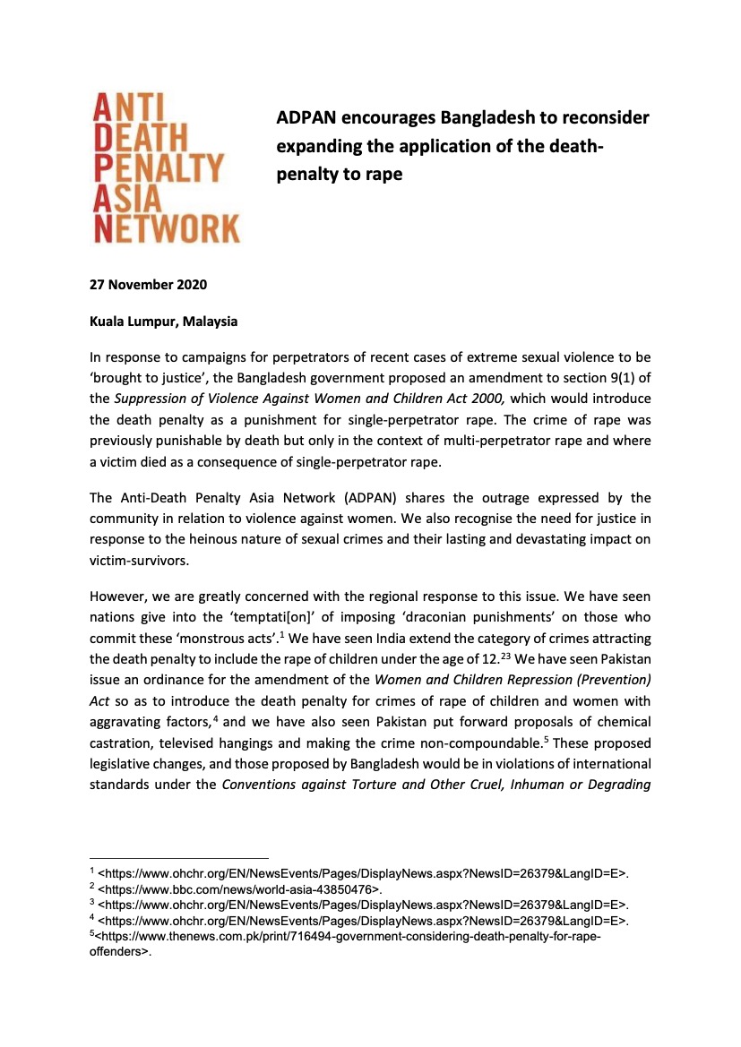 ADPAN encourages Bangladesh to reconsider expanding the application of the death penalty to rape