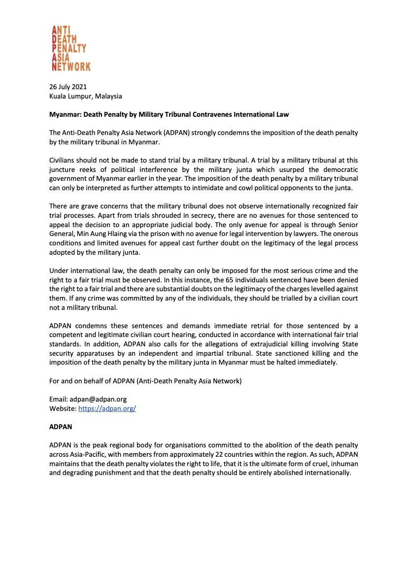 Myanmar: Death Penalty by Military Tribunal Contravenes International Law