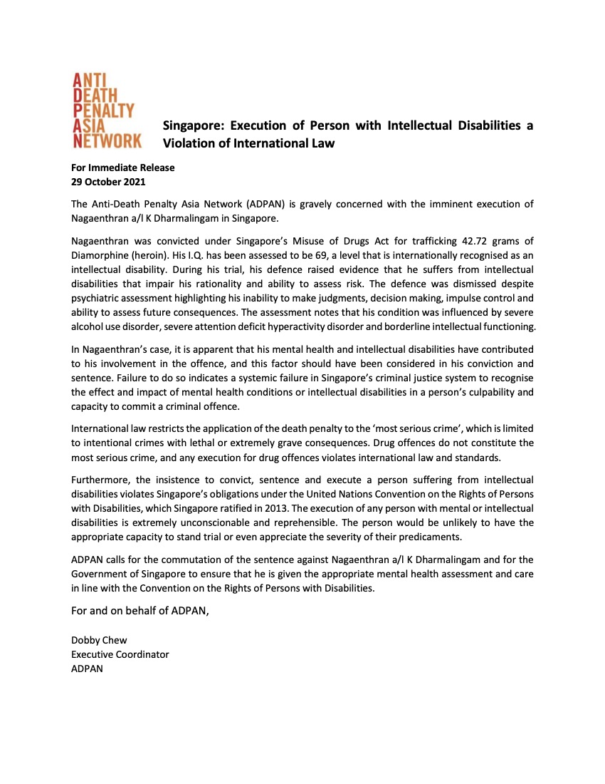 Singapore: Execution of Person with Intellectual Disabilities a Violation of International Law ​