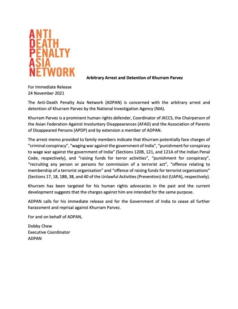 Arbitrary Arrest and Detention of Khurram Parvez