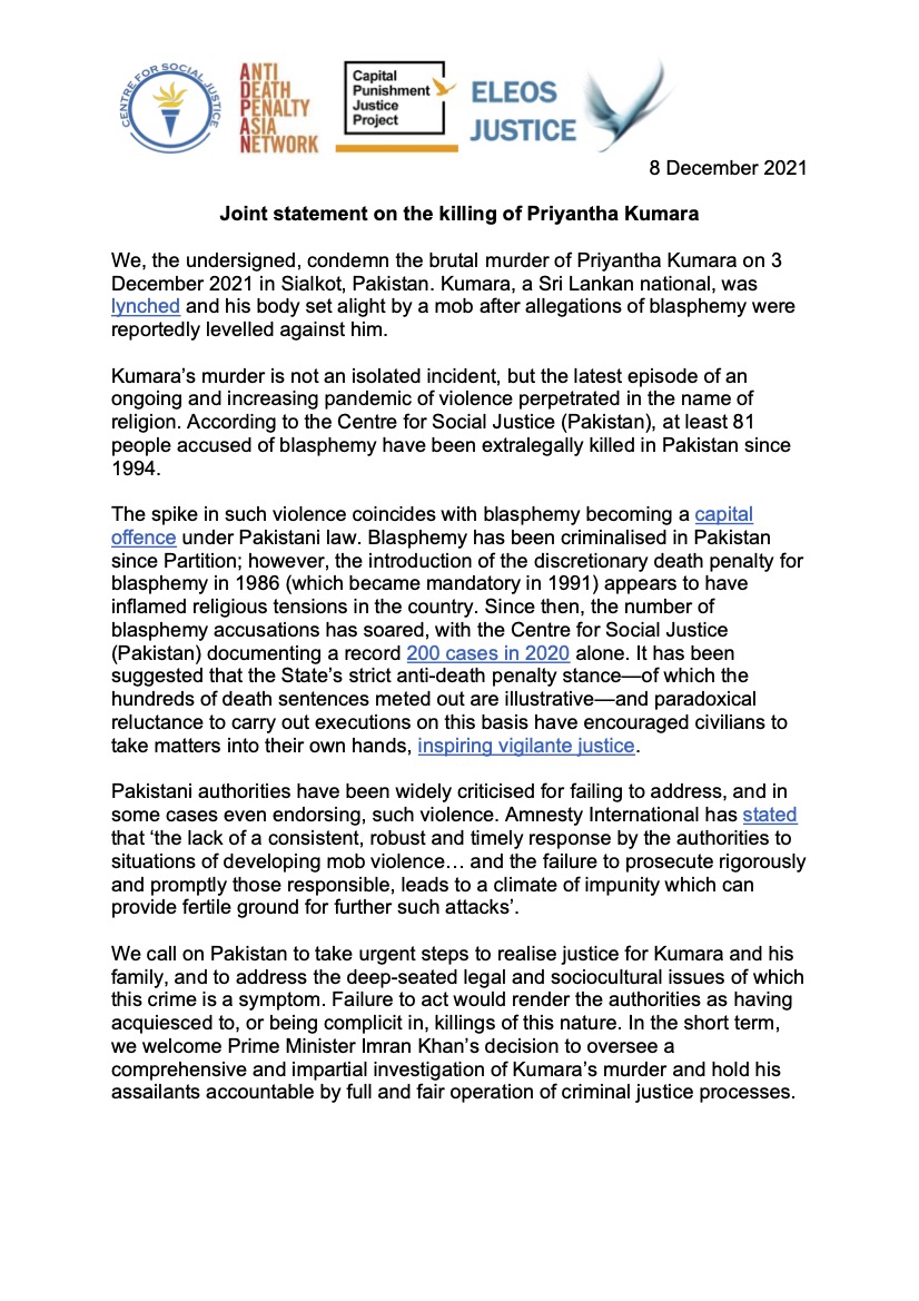Joint statement on the killing of Priyantha Kumara