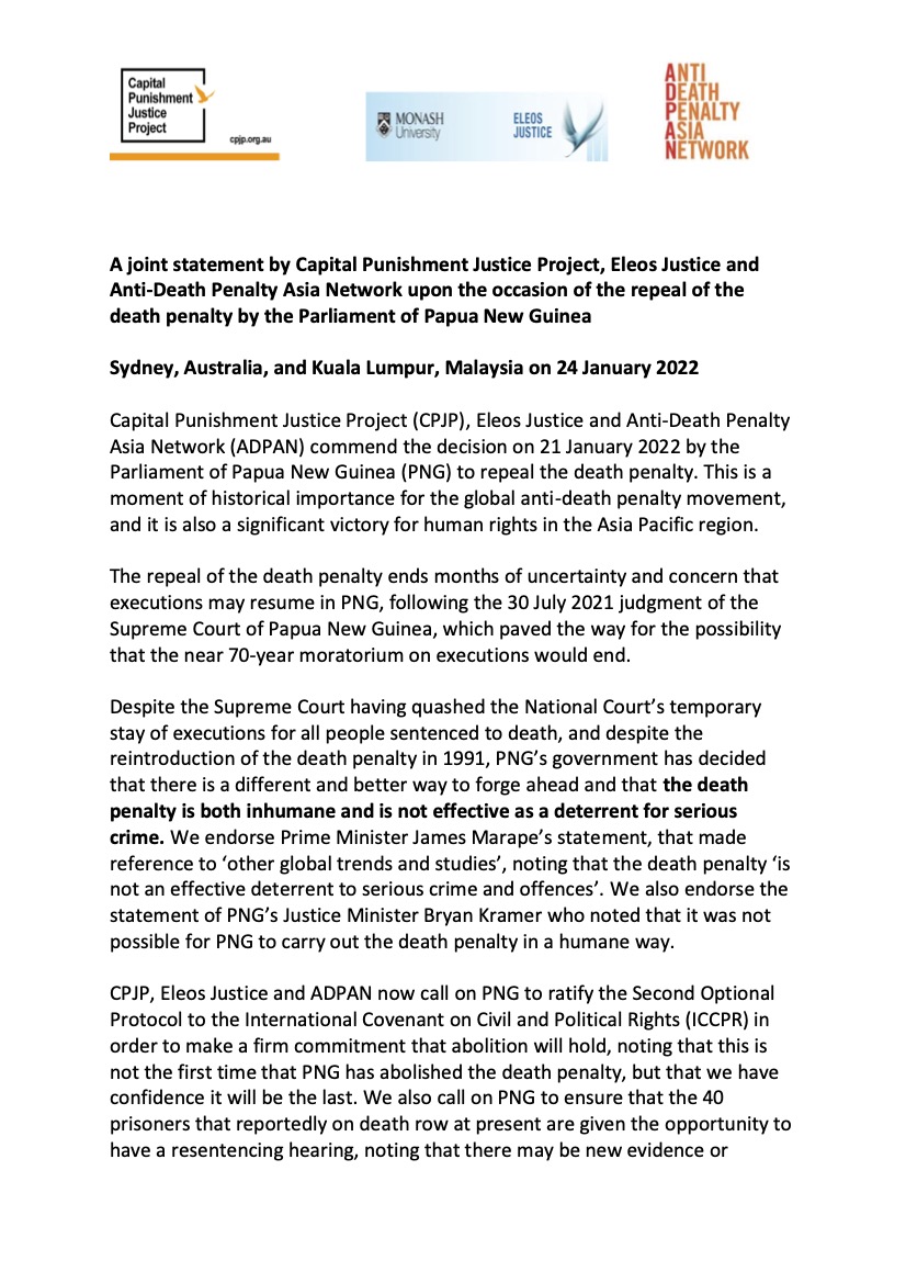 A Joint Statement by Capital Punishment Justice Project, Eleos Justice And Anti-Death Penalty Asia Network Upon the Occasion of the Repeal of The Death Penalty by the Parliament of Papua New Guinea