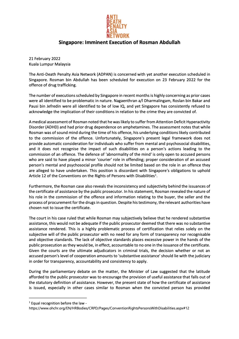 Singapore: Imminent Execution of Rosman Abdullah