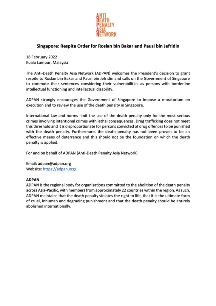 Singapore: Respite Order for Roslan bin Bakar and Pausi bin Jefridin