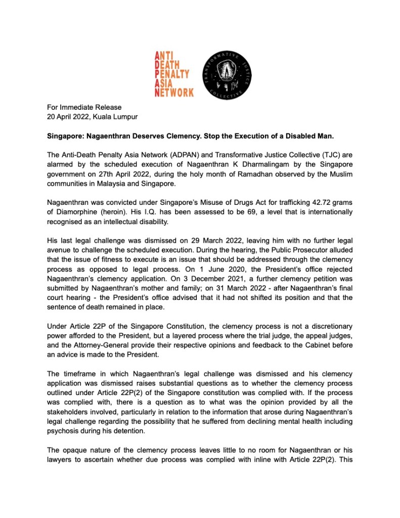 Singapore: Nagaenthran Deserves Clemency. Stop the Execution of a Disabled Man.