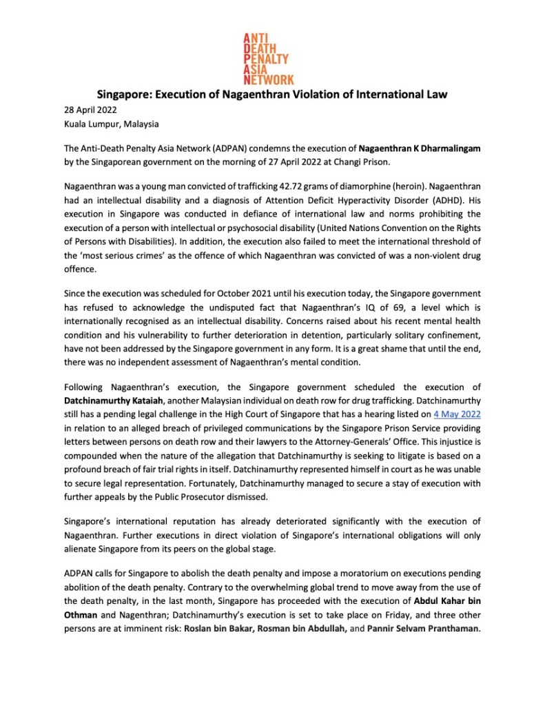 Singapore: Execution of Nagaenthran Violation of International Law