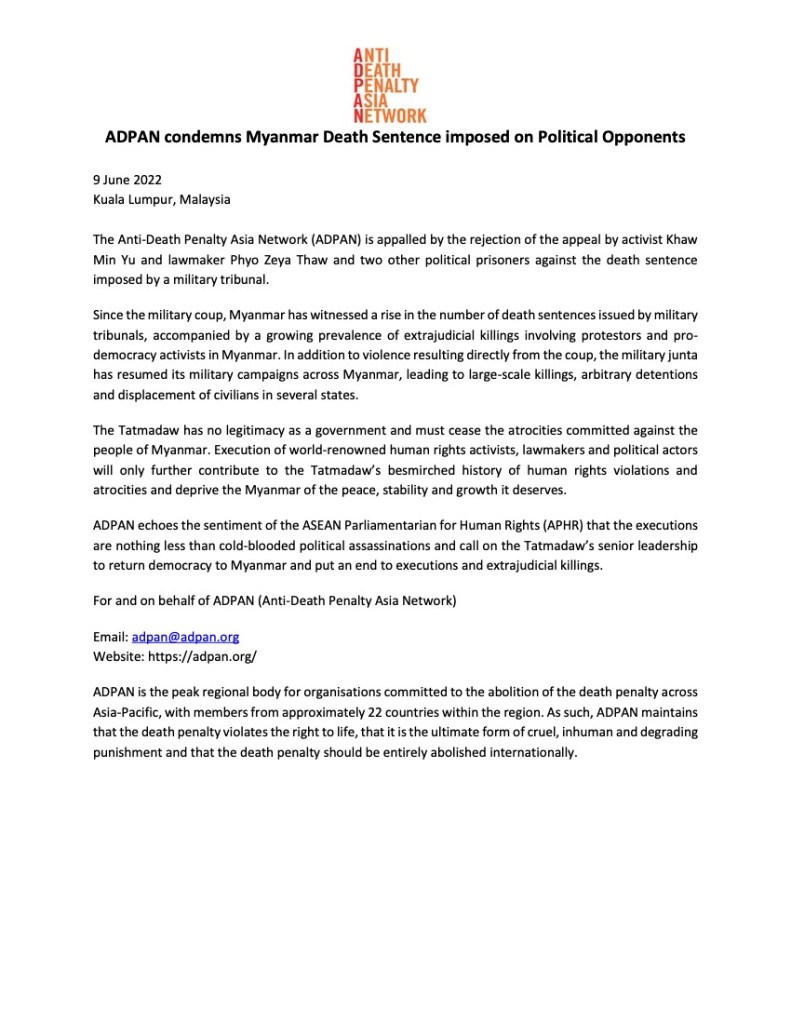 ADPAN Condemns Myanmar Death Sentence Imposed on Political Opponents