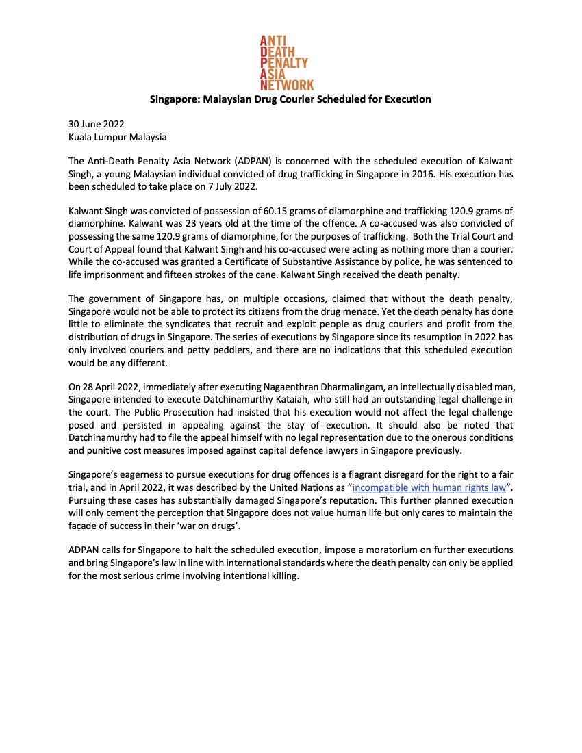 Singapore: Malaysian Drug Courier Scheduled for Execution