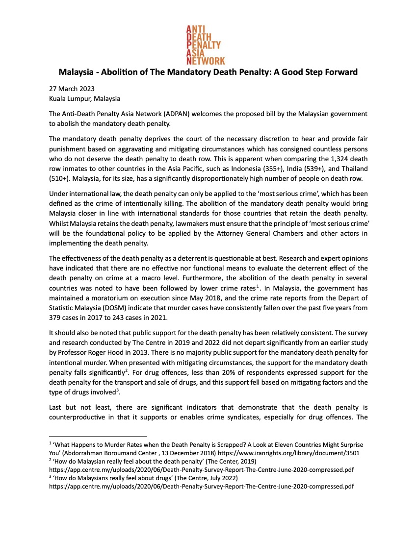 Malaysia - Abolition of The Mandatory Death Penalty: A Good Step Forward