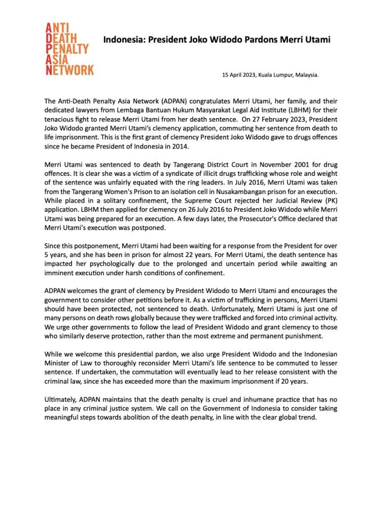 Indonesia: President Joko Widodo Pardons Merri Utami