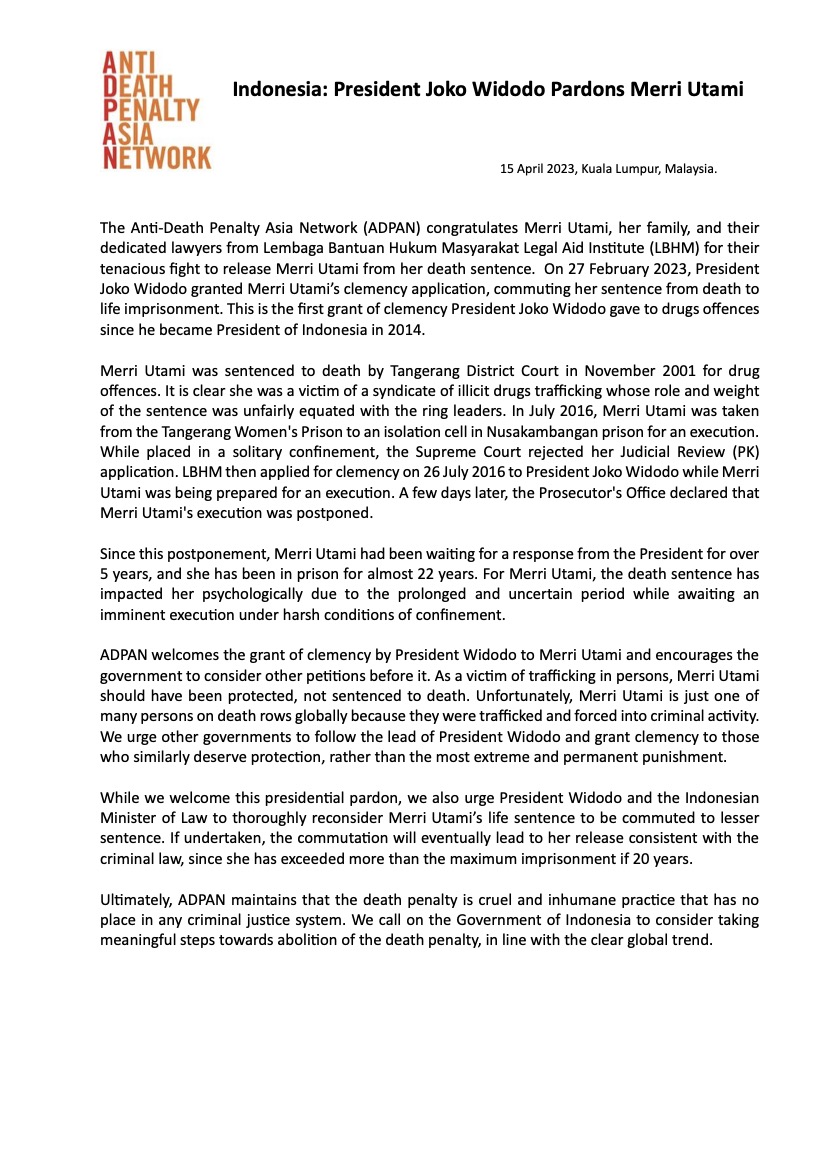 Indonesia: President Joko Widodo Pardons Merri Utami