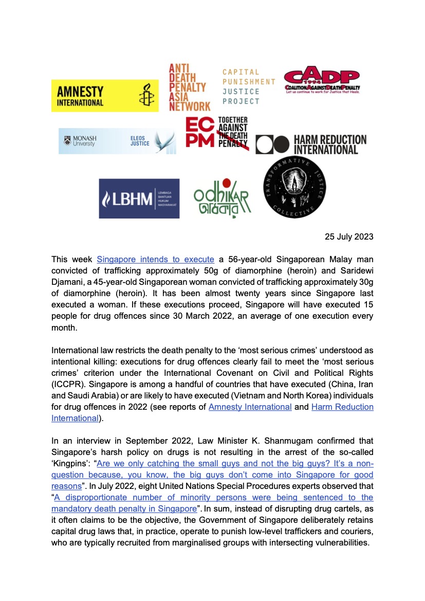 Joint Statement Regarding the Executions in Singapore