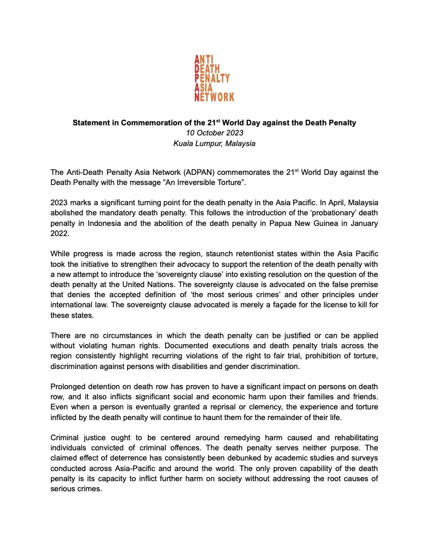 Statement in Commemoration of the 21 st World Day against the Death Penalty
