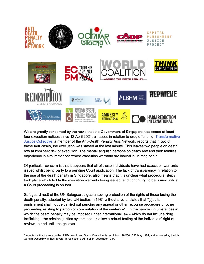 ADPAN Statement on execution warrants in Singapore