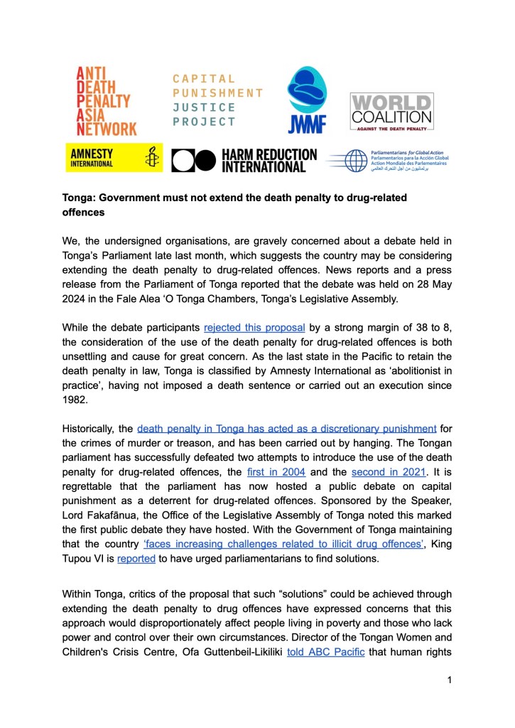 Tonga: Government must not extend the death penalty to drug-related offences