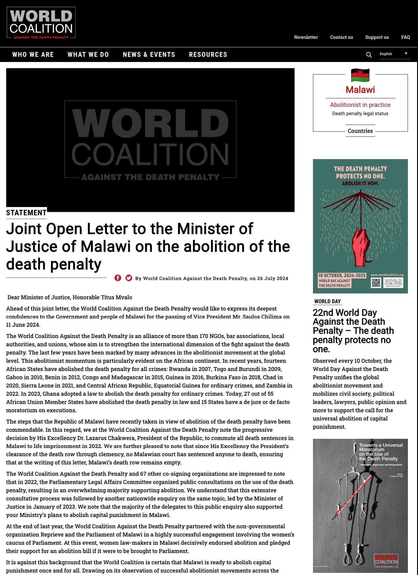 Joint Open Letter to the Minister of Justice of Malawi on the abolition of the death penalty
