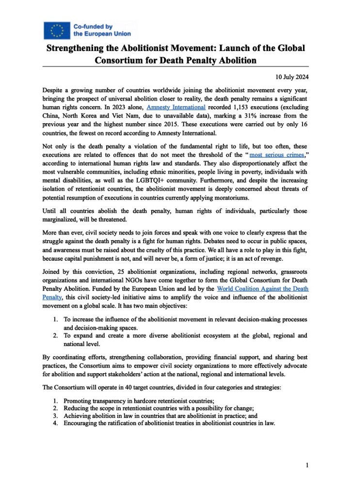 Strengthening the Abolitionist Movement: Launch of the Global Consortium for Death Penalty Abolition
