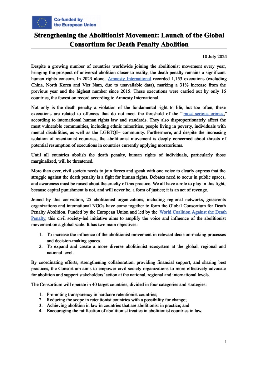 Strengthening the Abolitionist Movement: Launch of the Global Consortium for Death Penalty Abolition