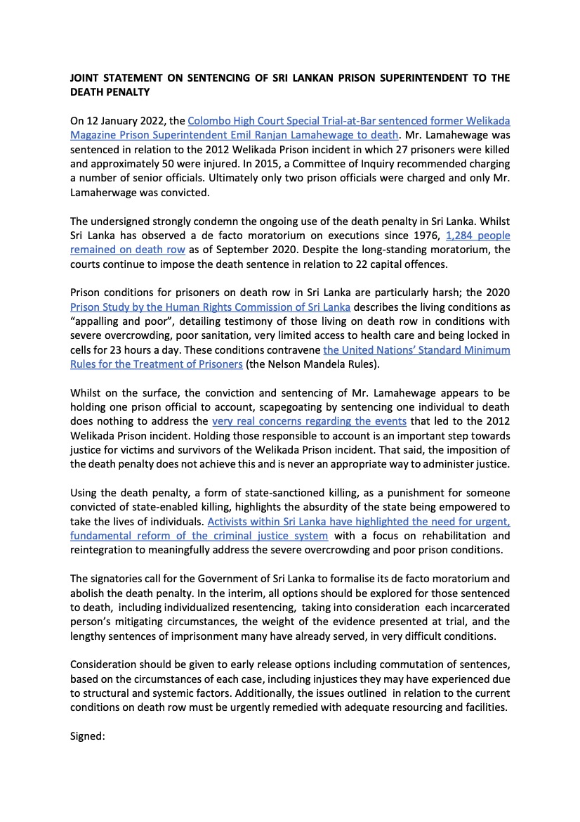 Joint Statement on Sentencing of Sri Lankan Prison Superintendent to the Death Penalty
