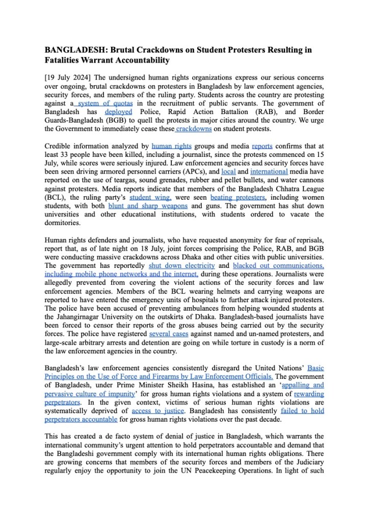 BANGLADESH: Brutal Crackdowns on Student Protesters Resulting in Fatalities Warrant Accountability